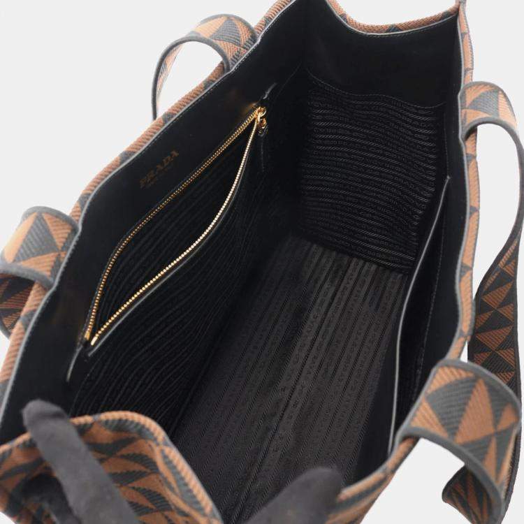 Pre Owned Prada Triangolo Symbole Brown/Black Embroidered Jacquard Saffiano Shopping Tote Bag