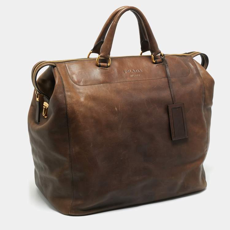 Pre Owned Prada Brown Leather Weekender