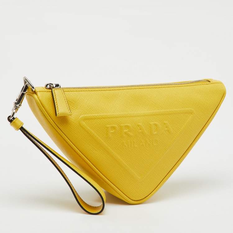 Pre Owned Prada Yellow Leather Triangle Logo Pouch