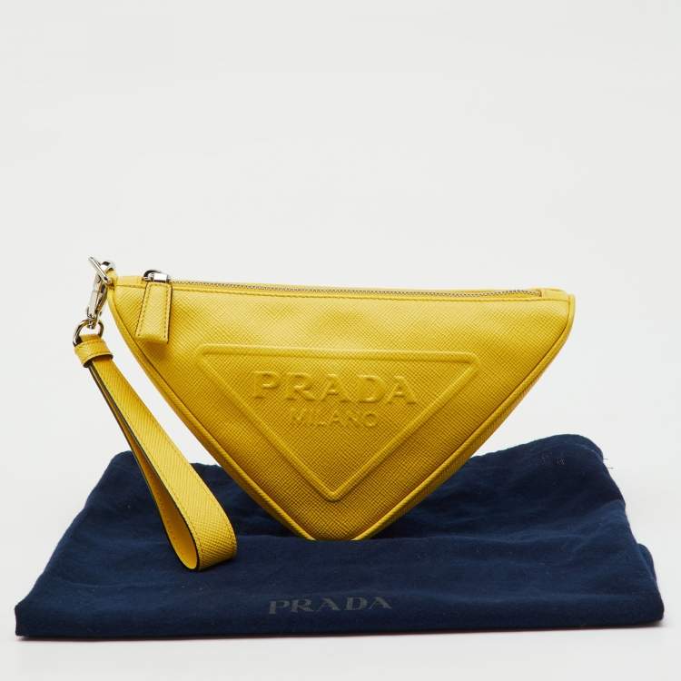 Pre Owned Prada Yellow Leather Triangle Logo Pouch
