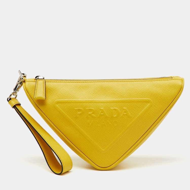 Pre Owned Prada Yellow Leather Triangle Logo Pouch