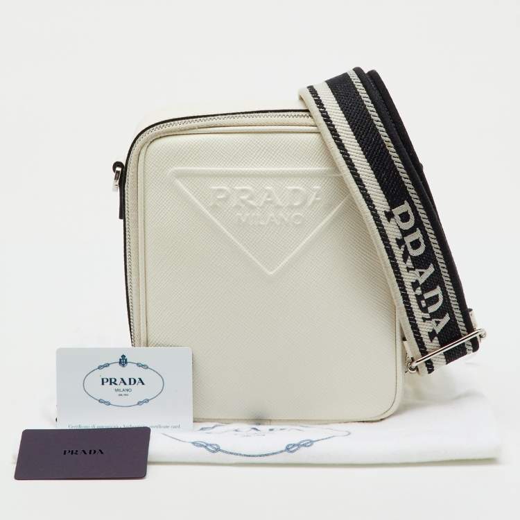 Pre Owned Prada White Leather Logo Embossed Vertical Shape Shoulder Bag