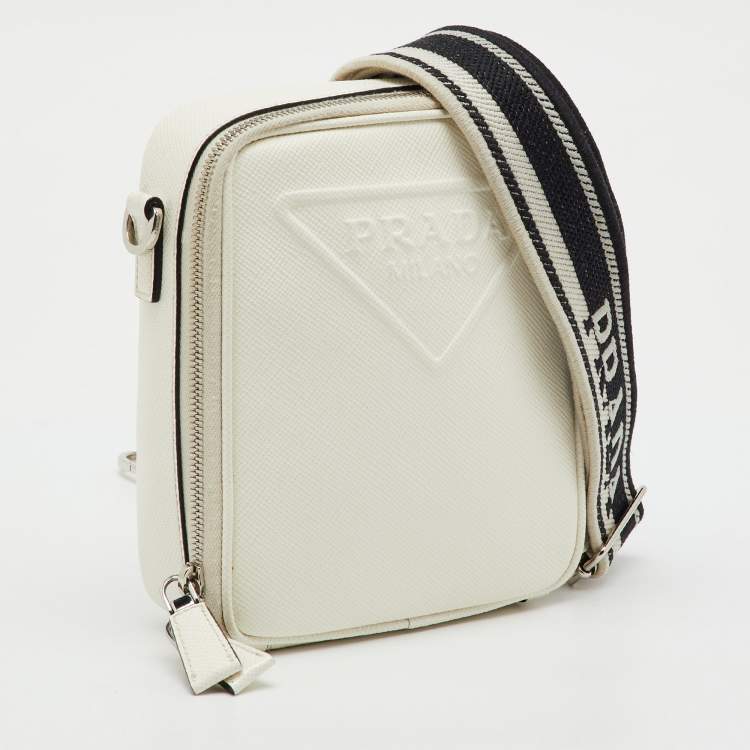 Pre Owned Prada White Leather Logo Embossed Vertical Shape Shoulder Bag