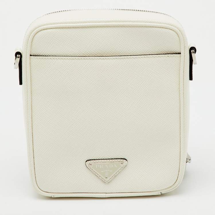 Pre Owned Prada White Leather Logo Embossed Vertical Shape Shoulder Bag