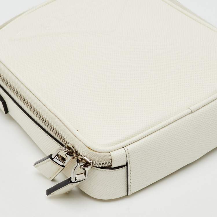 Pre Owned Prada White Leather Logo Embossed Vertical Shape Shoulder Bag