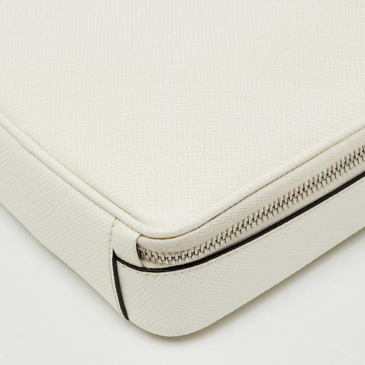 Pre Owned Prada White Leather Logo Embossed Vertical Shape Shoulder Bag