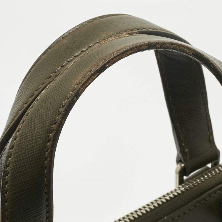 Pre Owned Prada Olive Green Saffiano Lux Leather Briefcase Bag