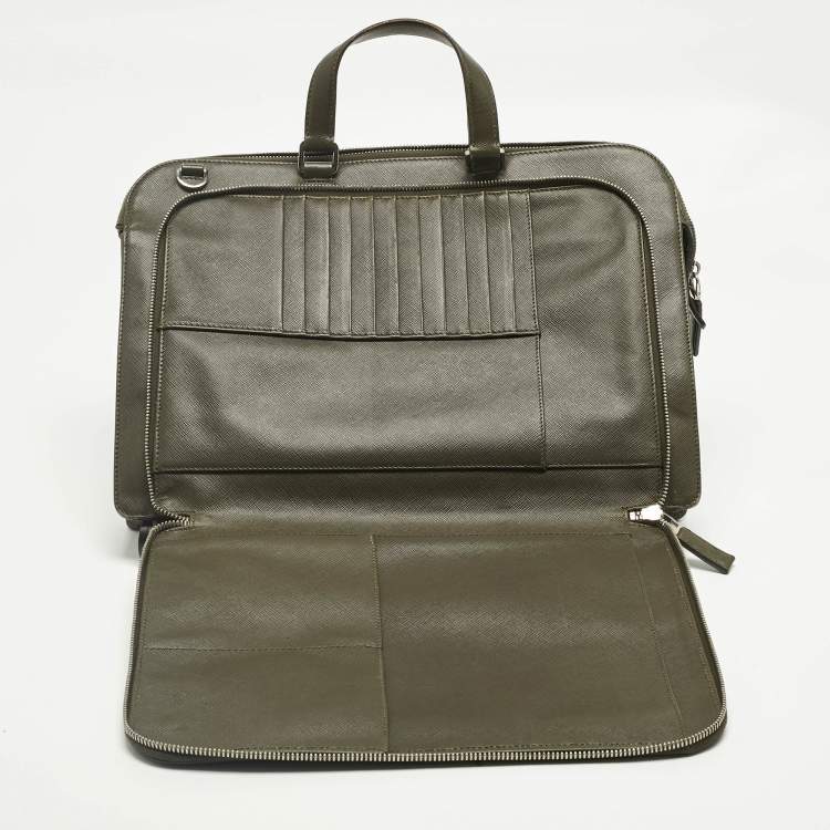 Pre Owned Prada Olive Green Saffiano Lux Leather Briefcase Bag