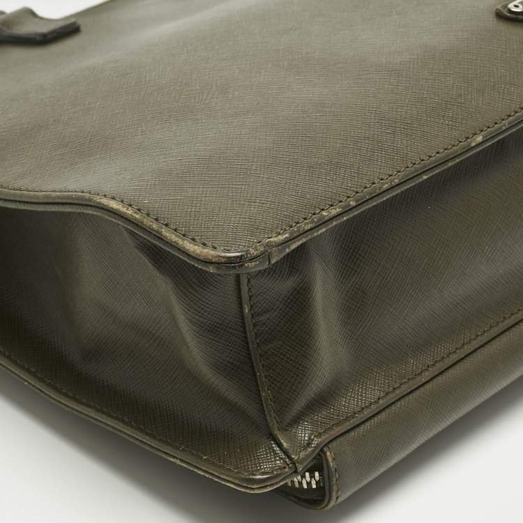 Pre Owned Prada Olive Green Saffiano Lux Leather Briefcase Bag
