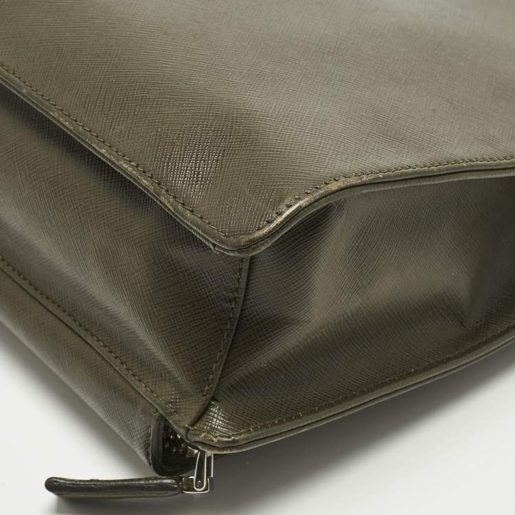 Pre Owned Prada Olive Green Saffiano Lux Leather Briefcase Bag