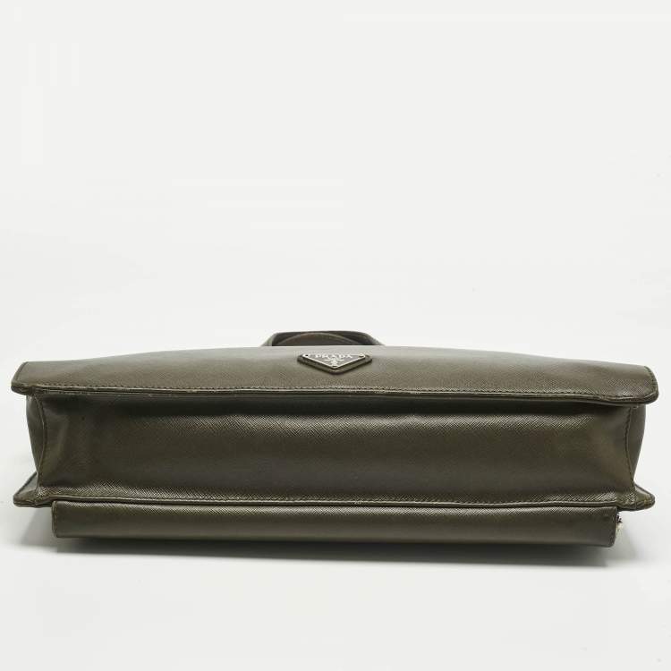 Pre Owned Prada Olive Green Saffiano Lux Leather Briefcase Bag
