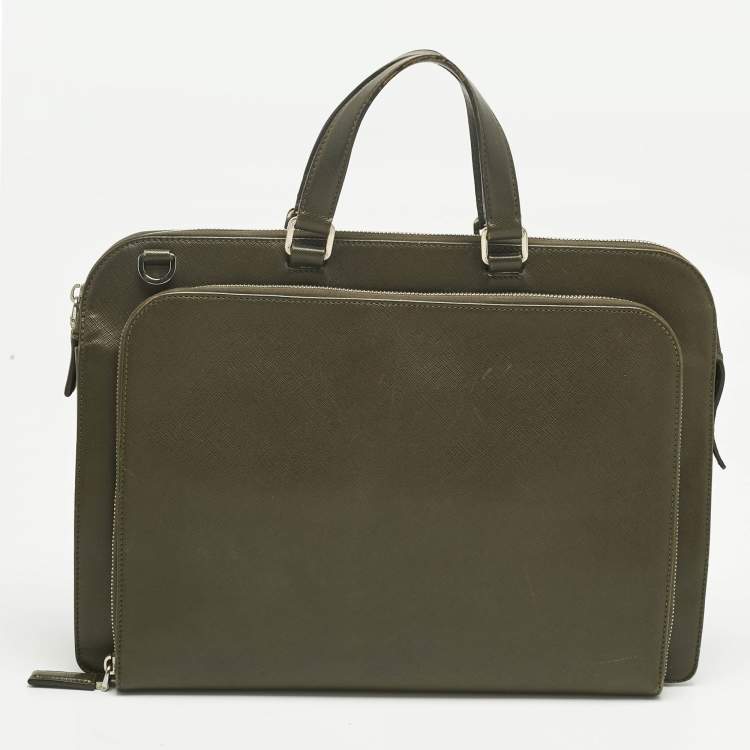 Pre Owned Prada Olive Green Saffiano Lux Leather Briefcase Bag