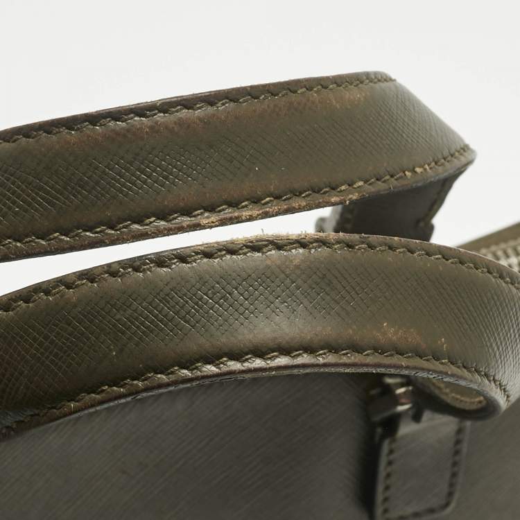 Pre Owned Prada Olive Green Saffiano Lux Leather Briefcase Bag
