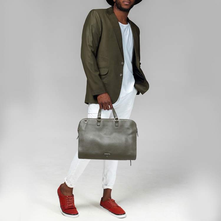 Pre Owned Prada Olive Green Saffiano Lux Leather Briefcase Bag