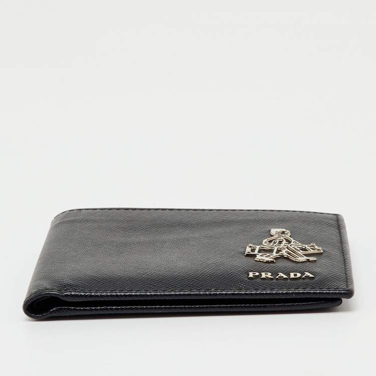Pre Owned محفظة برادا ثنائية الطي جلد سافيانومعدني أسود بيلهوپ