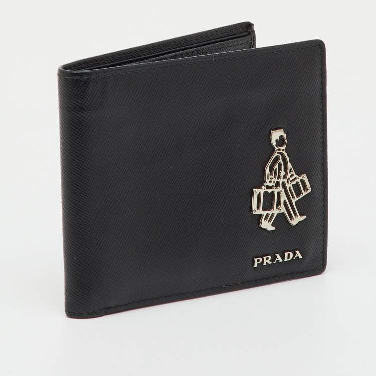 Pre Owned محفظة برادا ثنائية الطي جلد سافيانومعدني أسود بيلهوپ