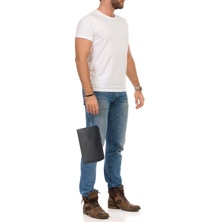 Pre Owned Prada Navy Blue Saffiano Leather Wristlet Pouch