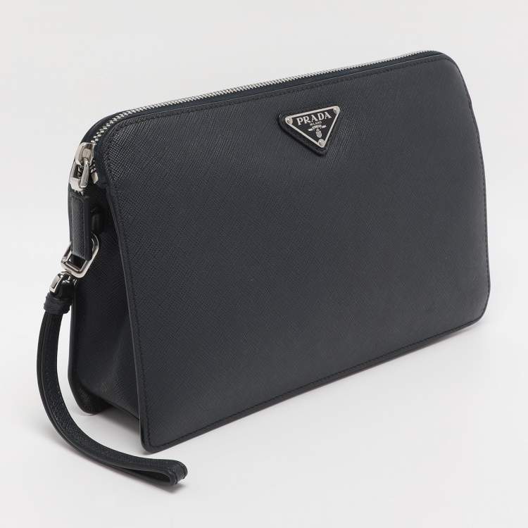 Pre Owned Prada Navy Blue Saffiano Leather Wristlet Pouch