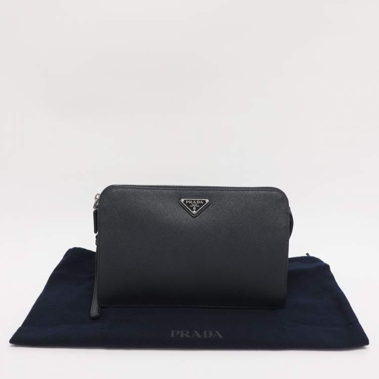 Pre Owned Prada Navy Blue Saffiano Leather Wristlet Pouch