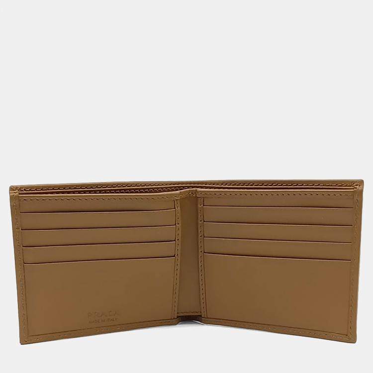 Pre Owned Prada Brown Green Leather fabric bi-fold wallet
