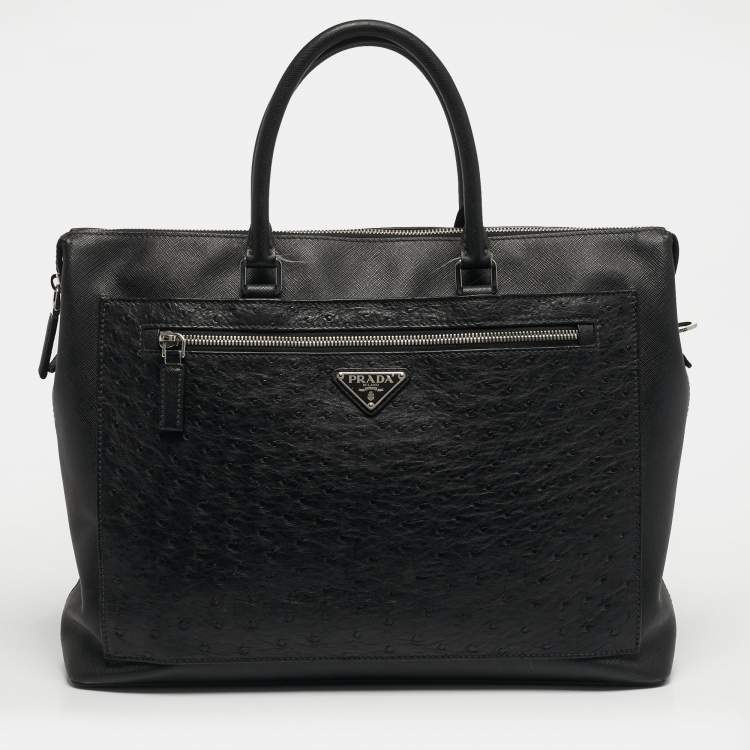 Pre Owned Prada Black Ostrich Leather and Saffiano Leather Briefcase 