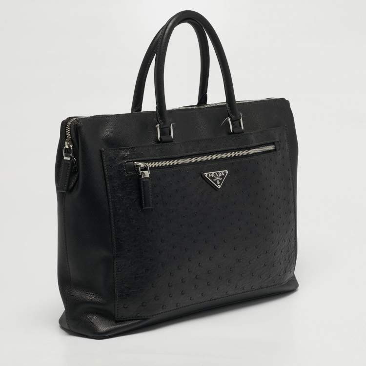 Pre Owned Prada Black Ostrich Leather and Saffiano Leather Briefcase 