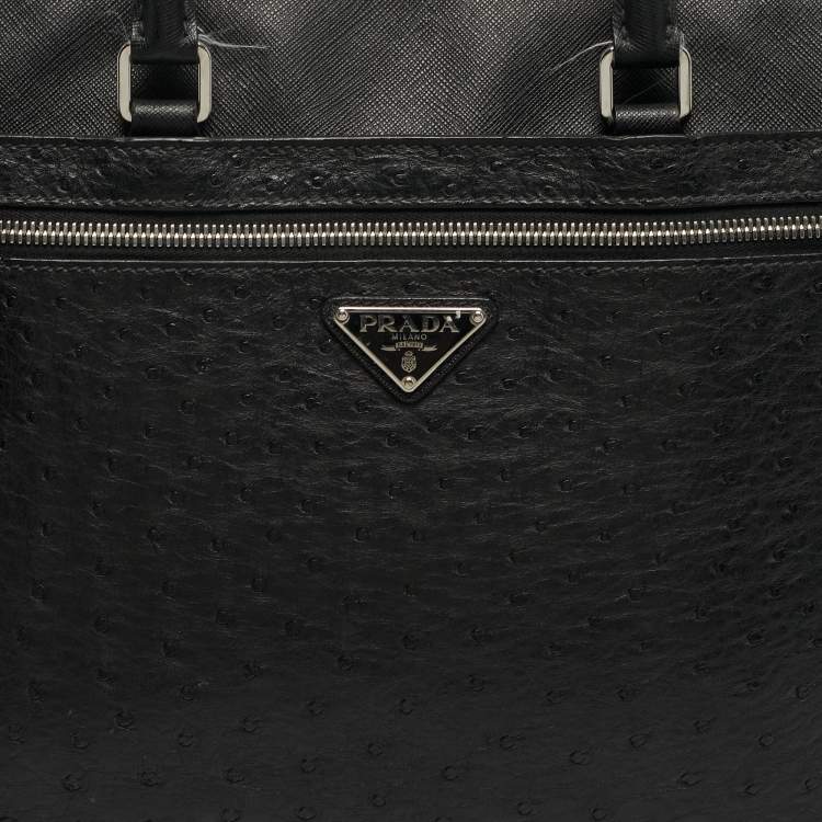 Pre Owned Prada Black Ostrich Leather and Saffiano Leather Briefcase 
