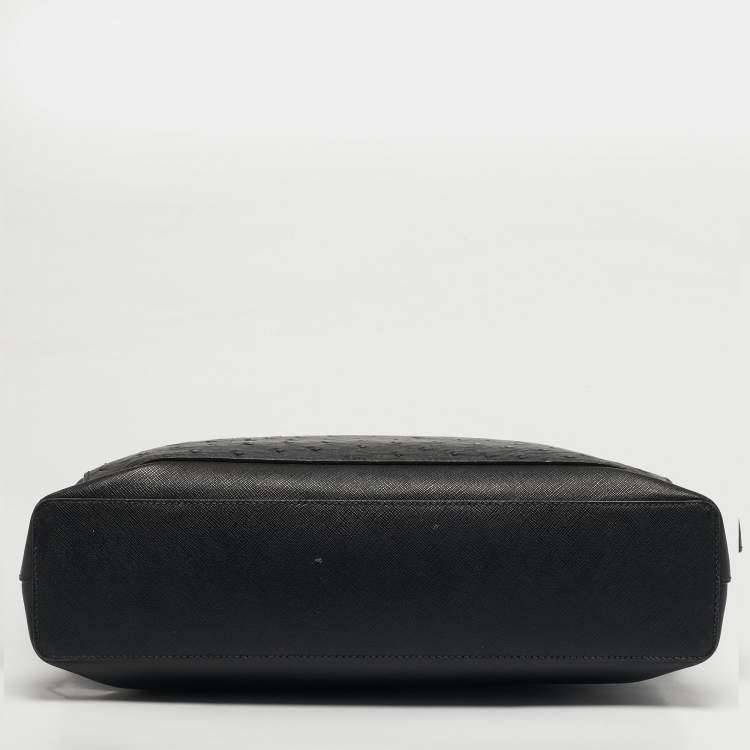 Pre Owned Prada Black Ostrich Leather and Saffiano Leather Briefcase 