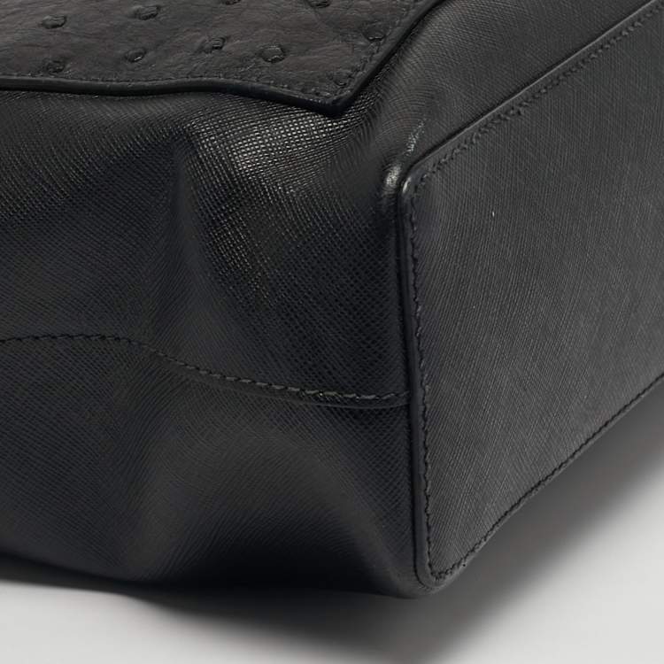 Pre Owned Prada Black Ostrich Leather and Saffiano Leather Briefcase 