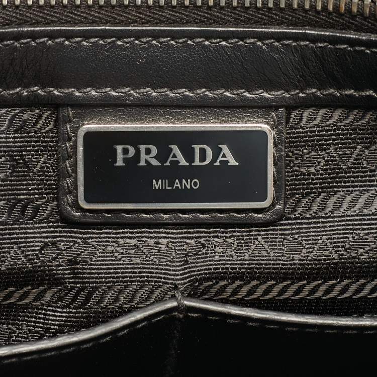 Pre Owned Prada Black Ostrich Leather and Saffiano Leather Briefcase 