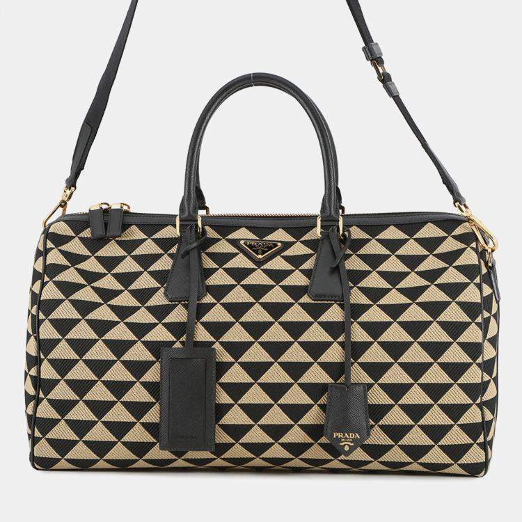 مملوكة مسبقًا Prada Symbol Embroideryfabric Travel Bag Beige/Black Canvas Saffiano Leather 