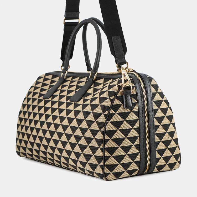 مملوكة مسبقًا Prada Symbol Embroideryfabric Travel Bag Beige/Black Canvas Saffiano Leather 