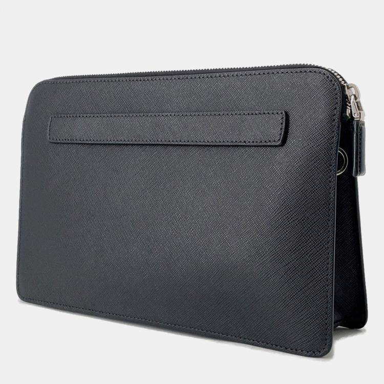 Pre Owned Prada Saffiano Leather Clutch Bag Black Leather
