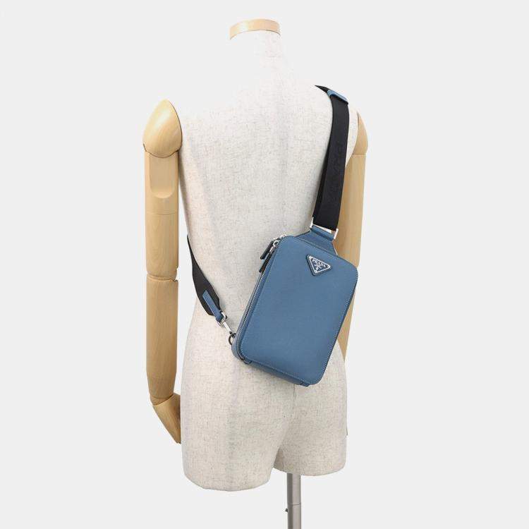 Pre Owned Prada Brique One Shoulder Bag Blue Saffiano Leatherleather
