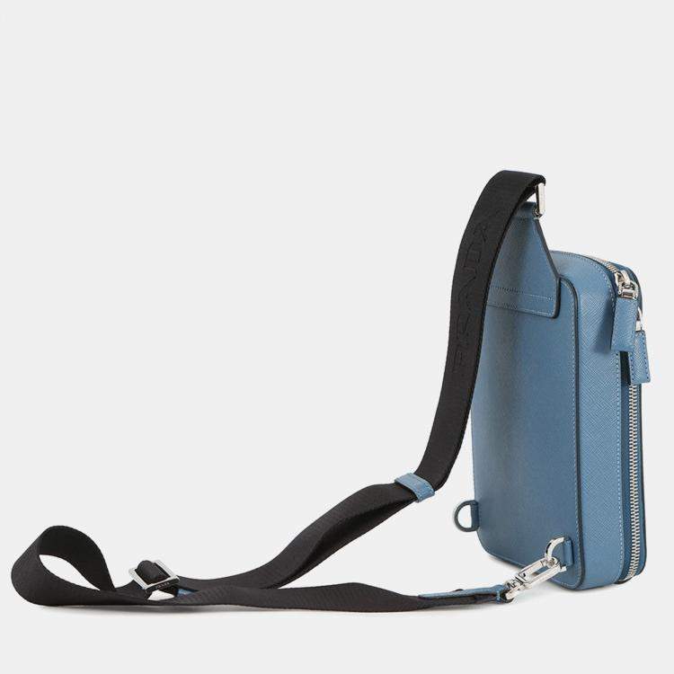 Pre Owned Prada Brique One Shoulder Bag Blue Saffiano Leatherleather