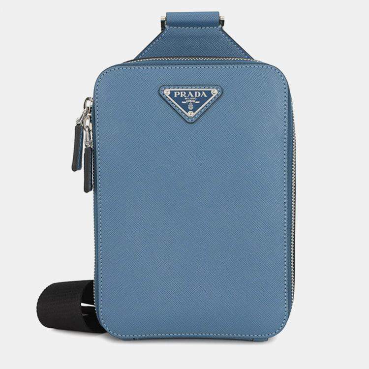 Pre Owned Prada Brique One Shoulder Bag Blue Saffiano Leatherleather