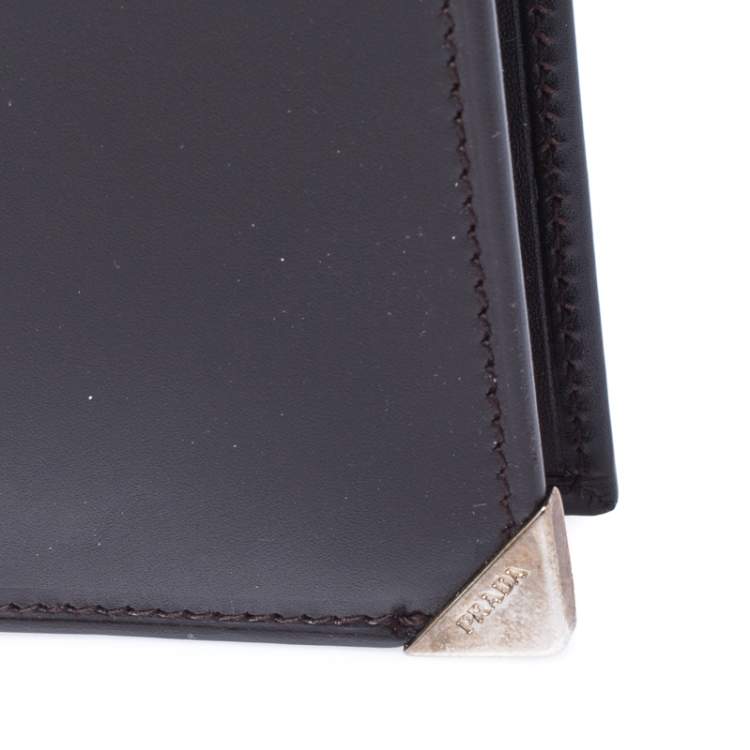Pre Owned Prada Dark Brown Leather Bi Fold Card Holder