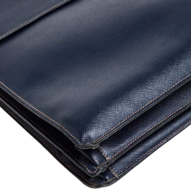 Pre Owned Prada Navy Blue Saffiano Cuir Leather Work  Briefcase