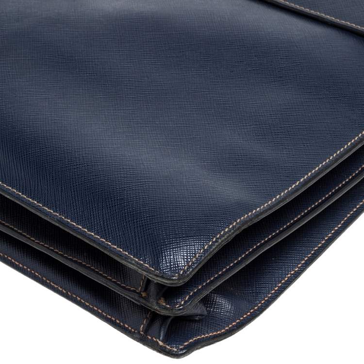 Pre Owned Prada Navy Blue Saffiano Cuir Leather Work  Briefcase