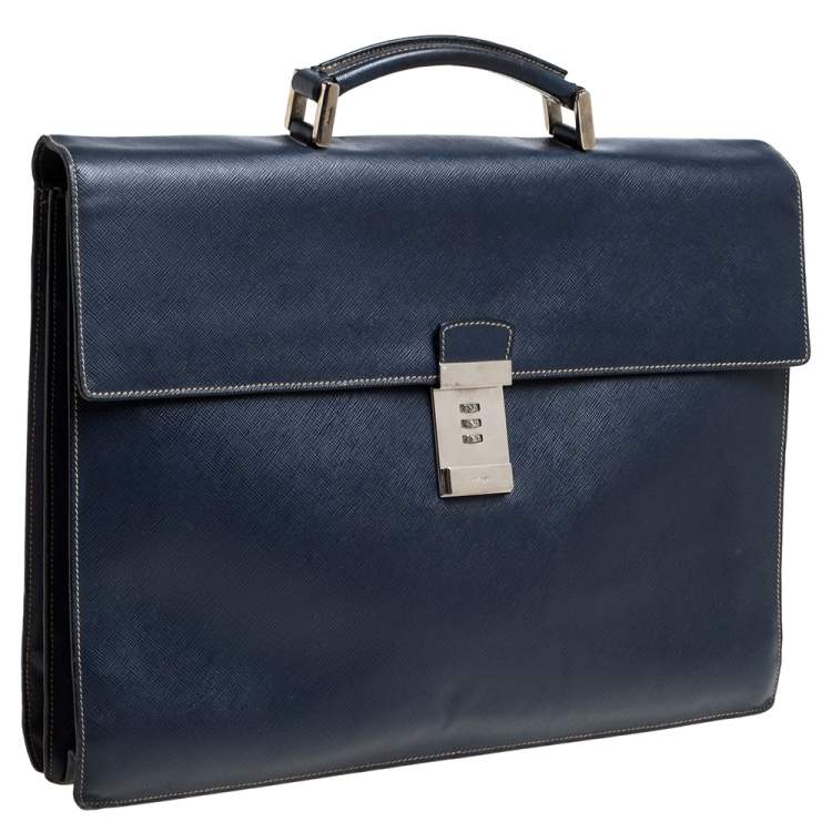 Pre Owned Prada Navy Blue Saffiano Cuir Leather Work  Briefcase