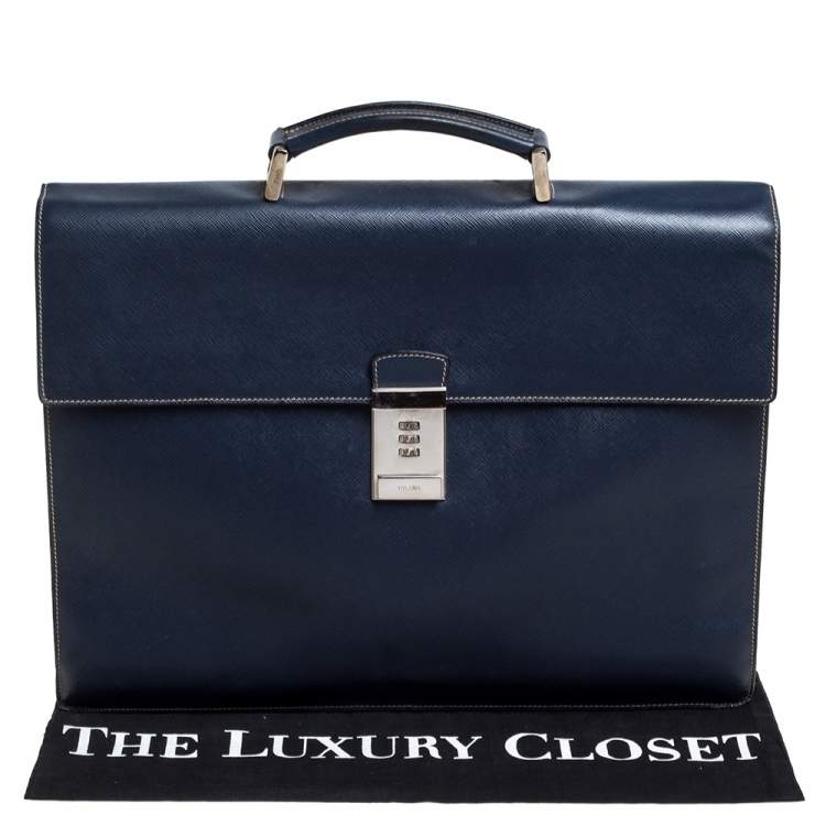 Pre Owned Prada Navy Blue Saffiano Cuir Leather Work  Briefcase