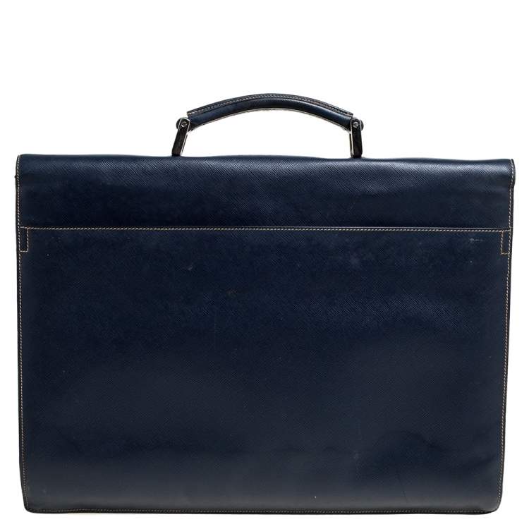Pre Owned Prada Navy Blue Saffiano Cuir Leather Work  Briefcase
