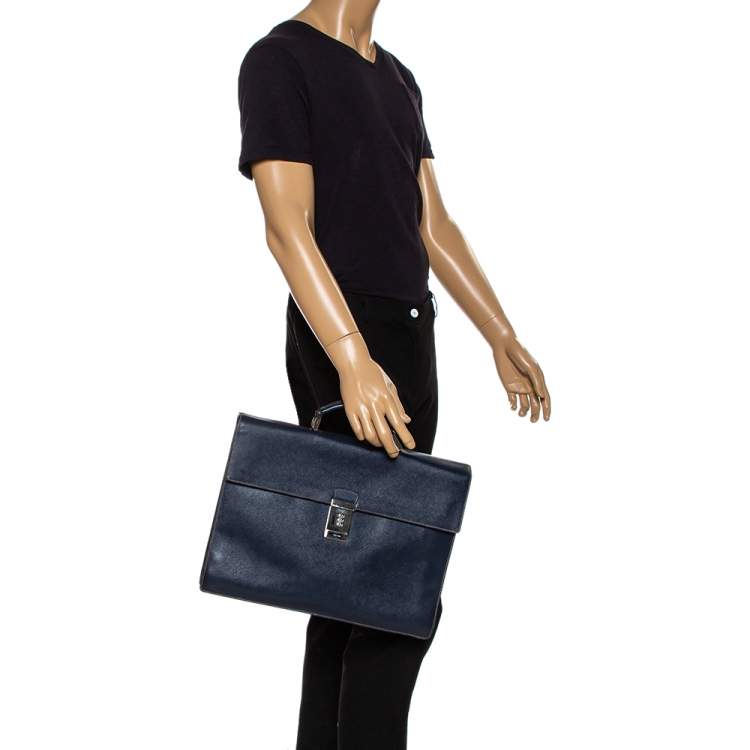 Pre Owned Prada Navy Blue Saffiano Cuir Leather Work  Briefcase