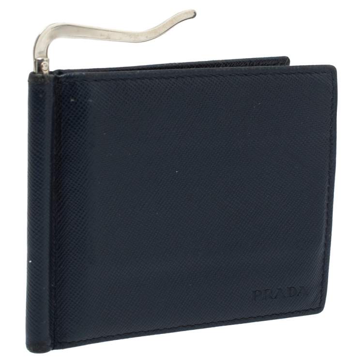 Pre Owned Prada Navy Blue Saffiano Lux Leather Money Clip Bi-fold Wallet