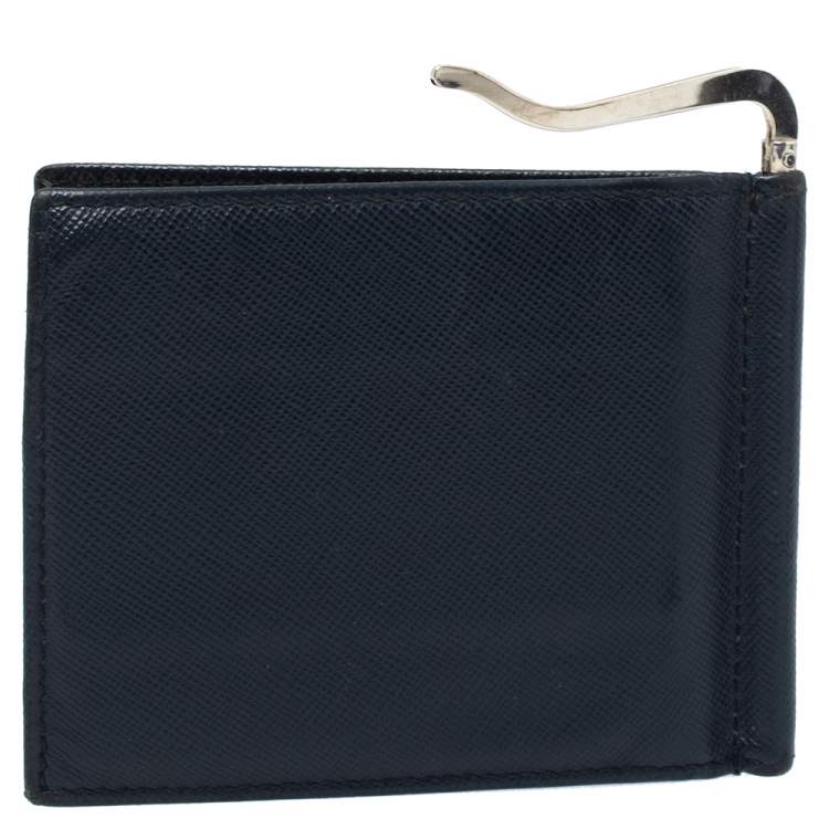 Pre Owned Prada Navy Blue Saffiano Lux Leather Money Clip Bi-fold Wallet