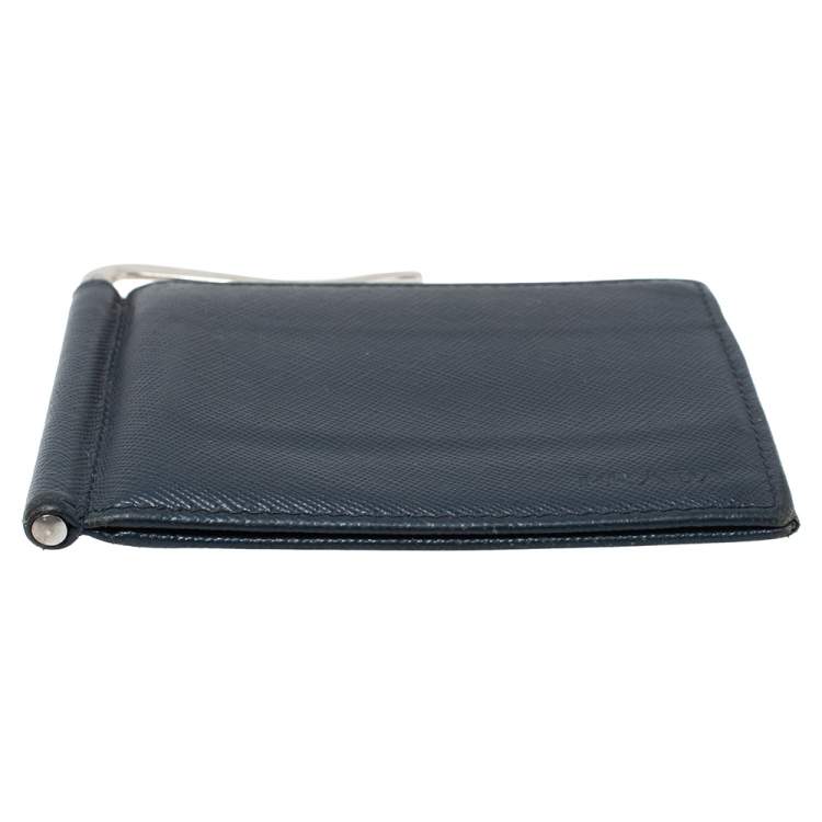 Pre Owned Prada Navy Blue Saffiano Lux Leather Money Clip Bi-fold Wallet