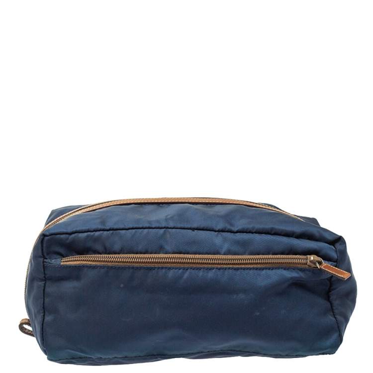 Pre Owned Prada Navy Blue/Brown Tessuto Nylon Wash Bag