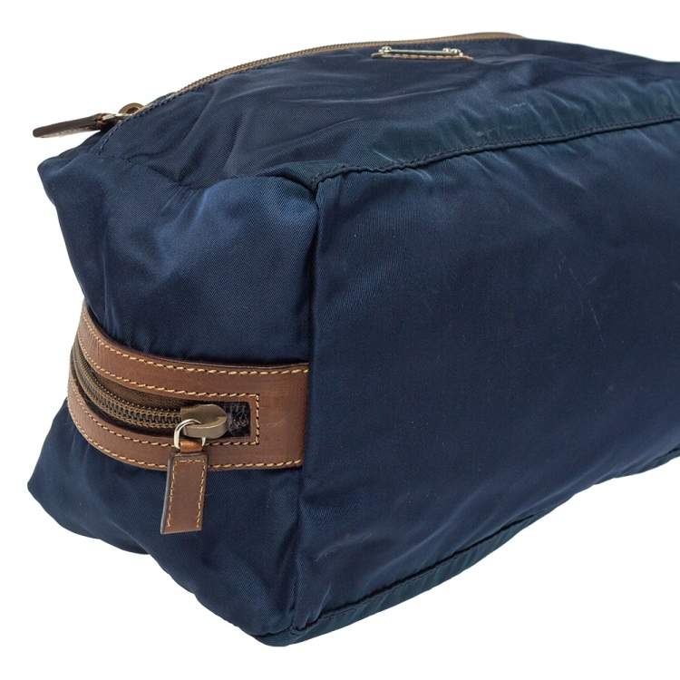Pre Owned Prada Navy Blue/Brown Tessuto Nylon Wash Bag