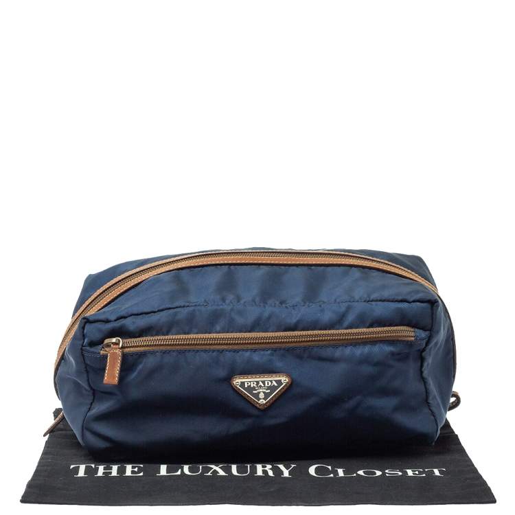 Pre Owned Prada Navy Blue/Brown Tessuto Nylon Wash Bag