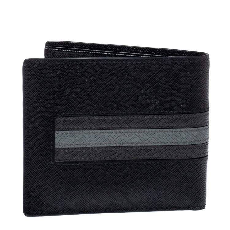 Pre Owned Prada Black/Grey Saffiano Leather Stripe Bi-Fold Wallet 